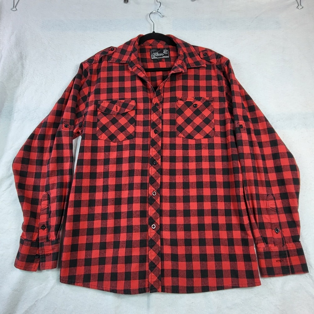 Elixir Western Flannel Shirt‎ Mens Large Red Black Checkered Plaid Long Sleeve